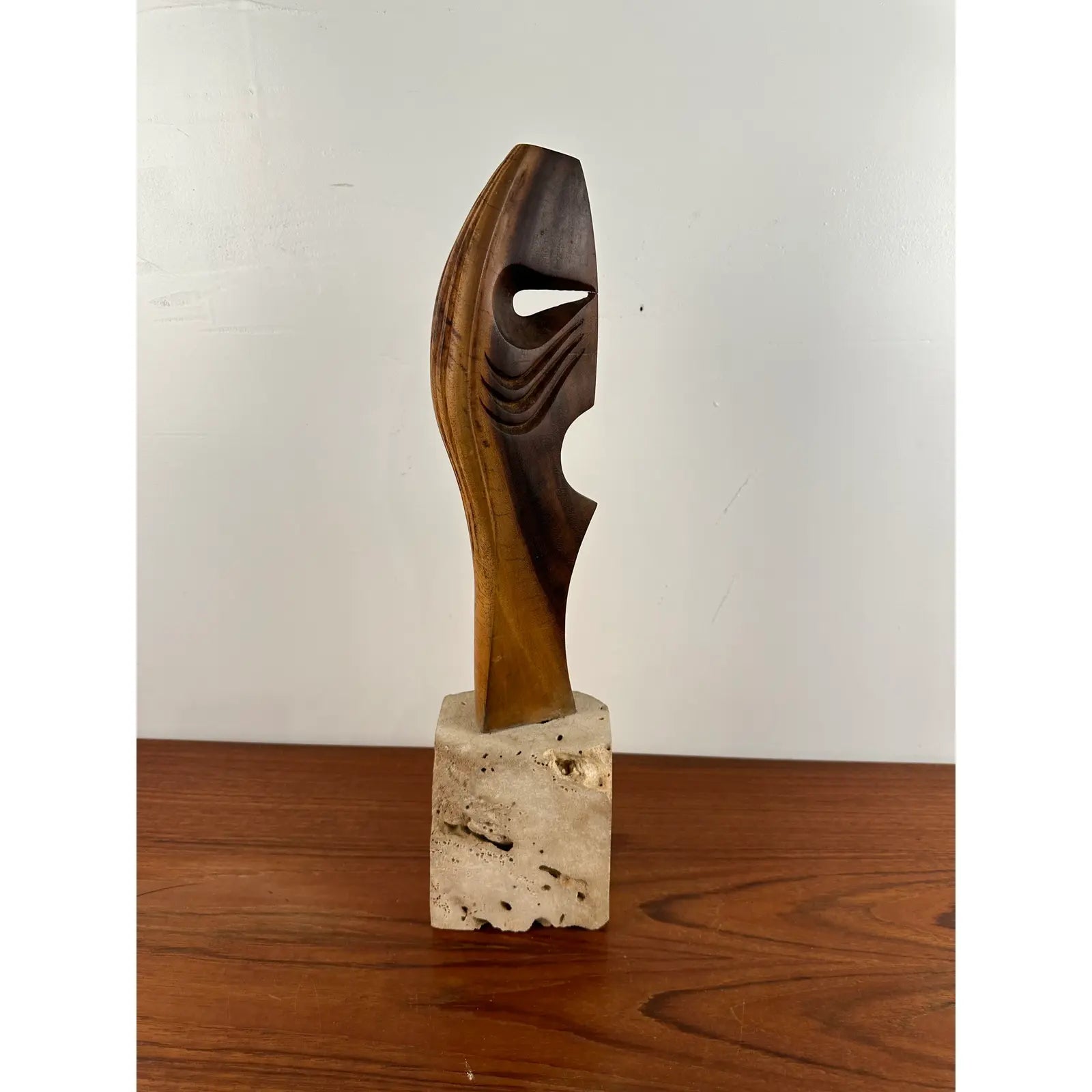 Abstract Wood Sculpture on Stone Base