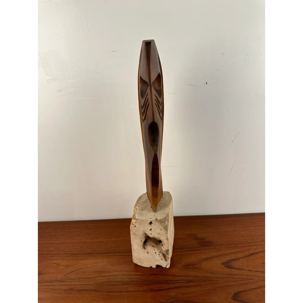 Abstract Wood Sculpture on Stone Base