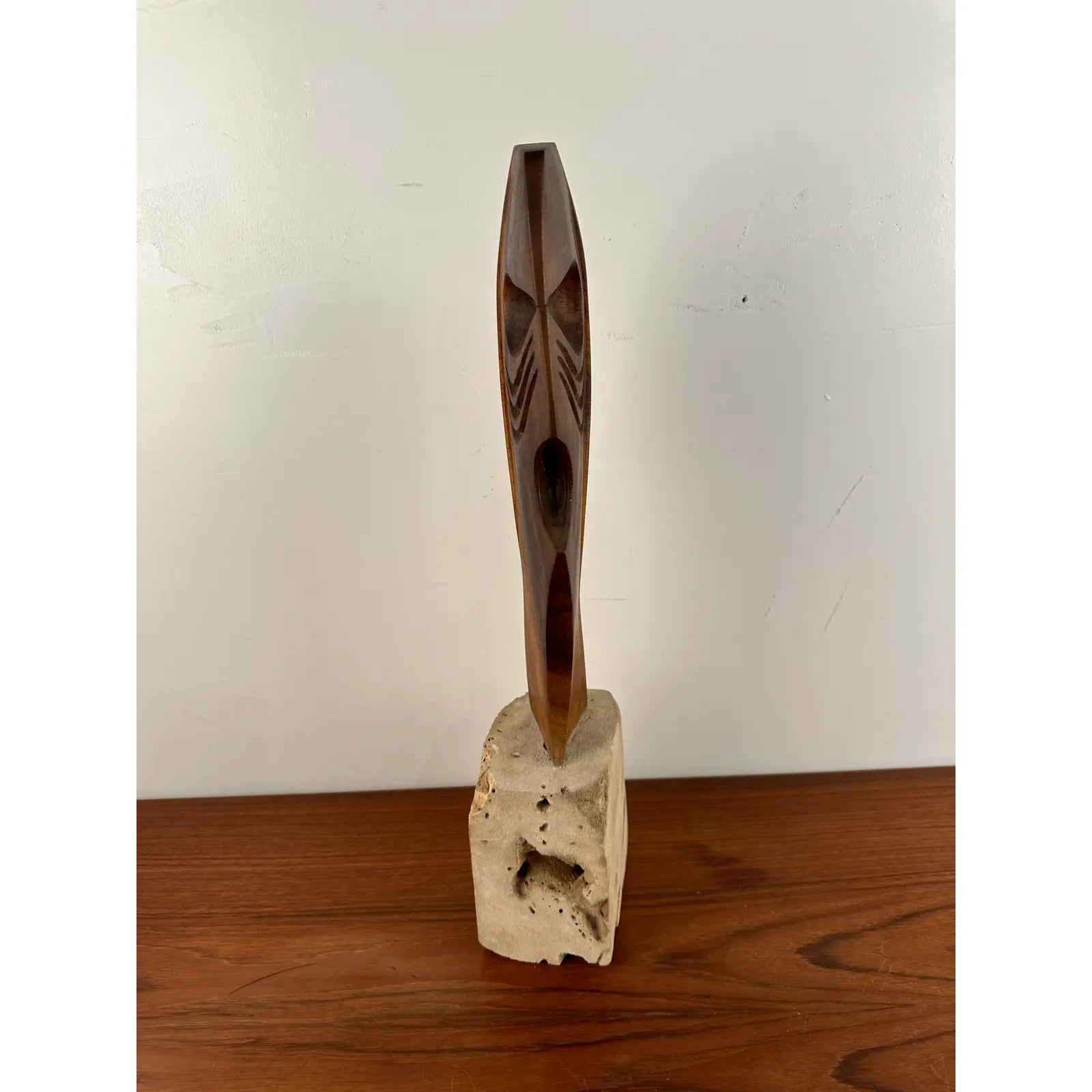 Abstract Wood Sculpture on Stone Base