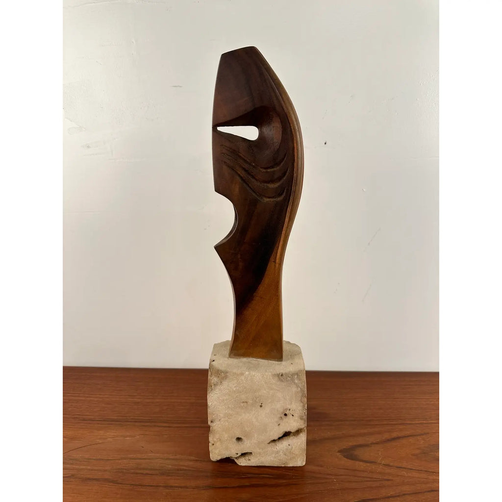 Abstract Wood Sculpture on Stone Base