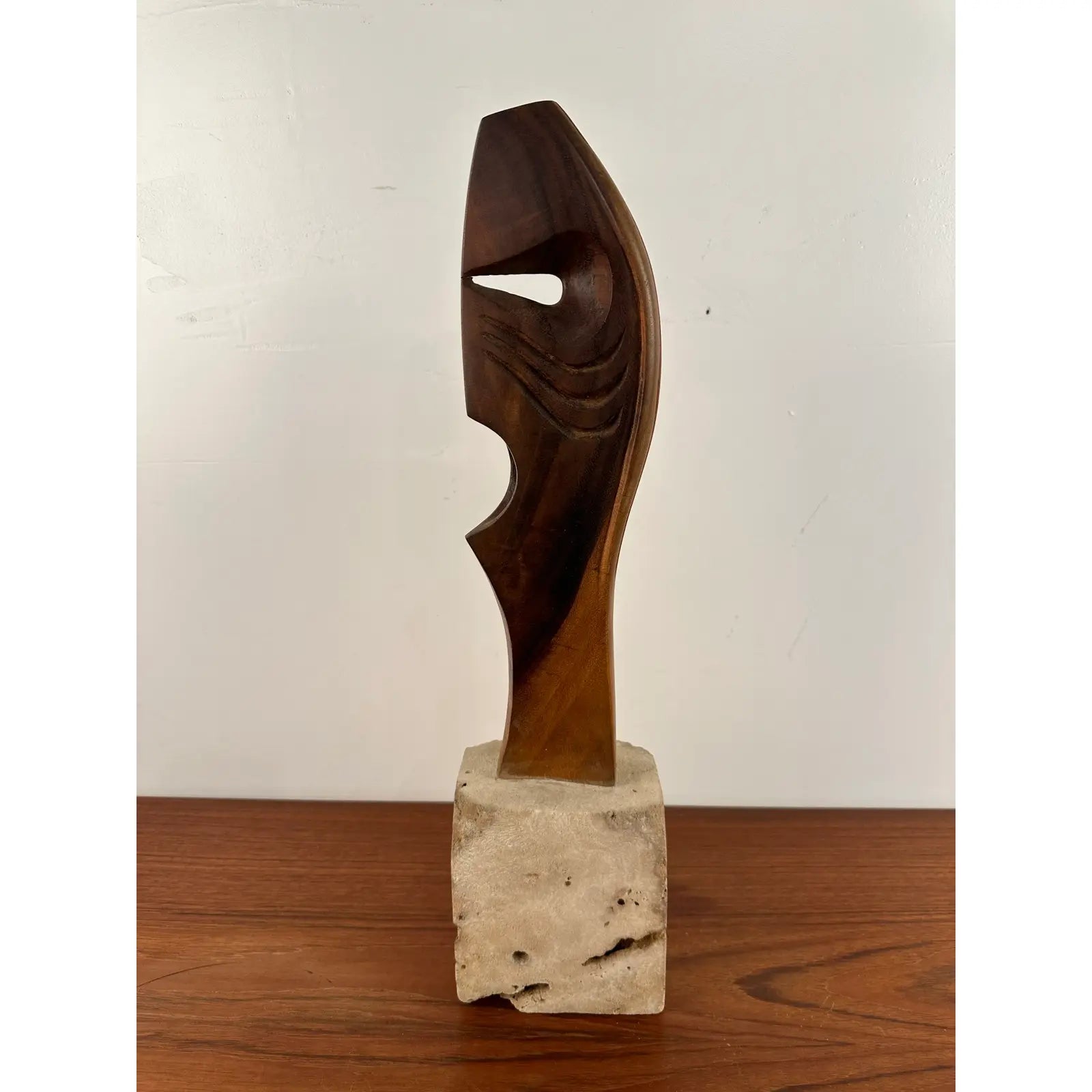 Abstract Wood Sculpture on Stone Base