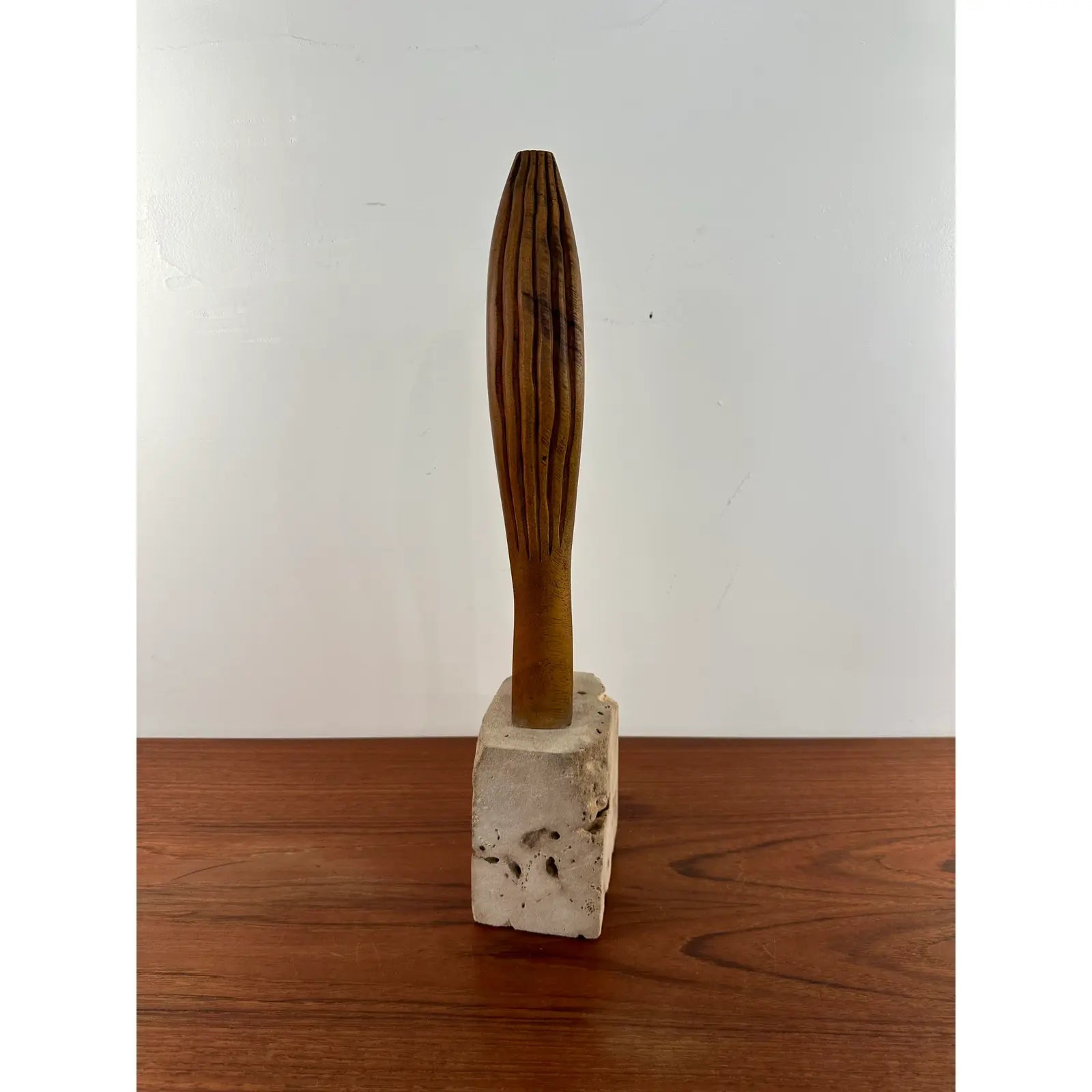 Abstract Wood Sculpture on Stone Base