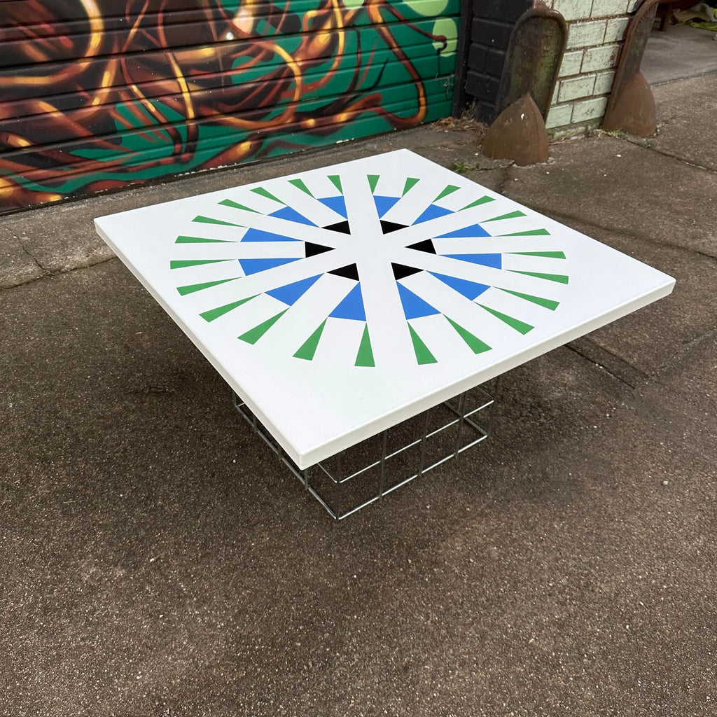 Amazing Geometric Enamel Top With Chrome Wire Bottom Side Table Alexander Girard