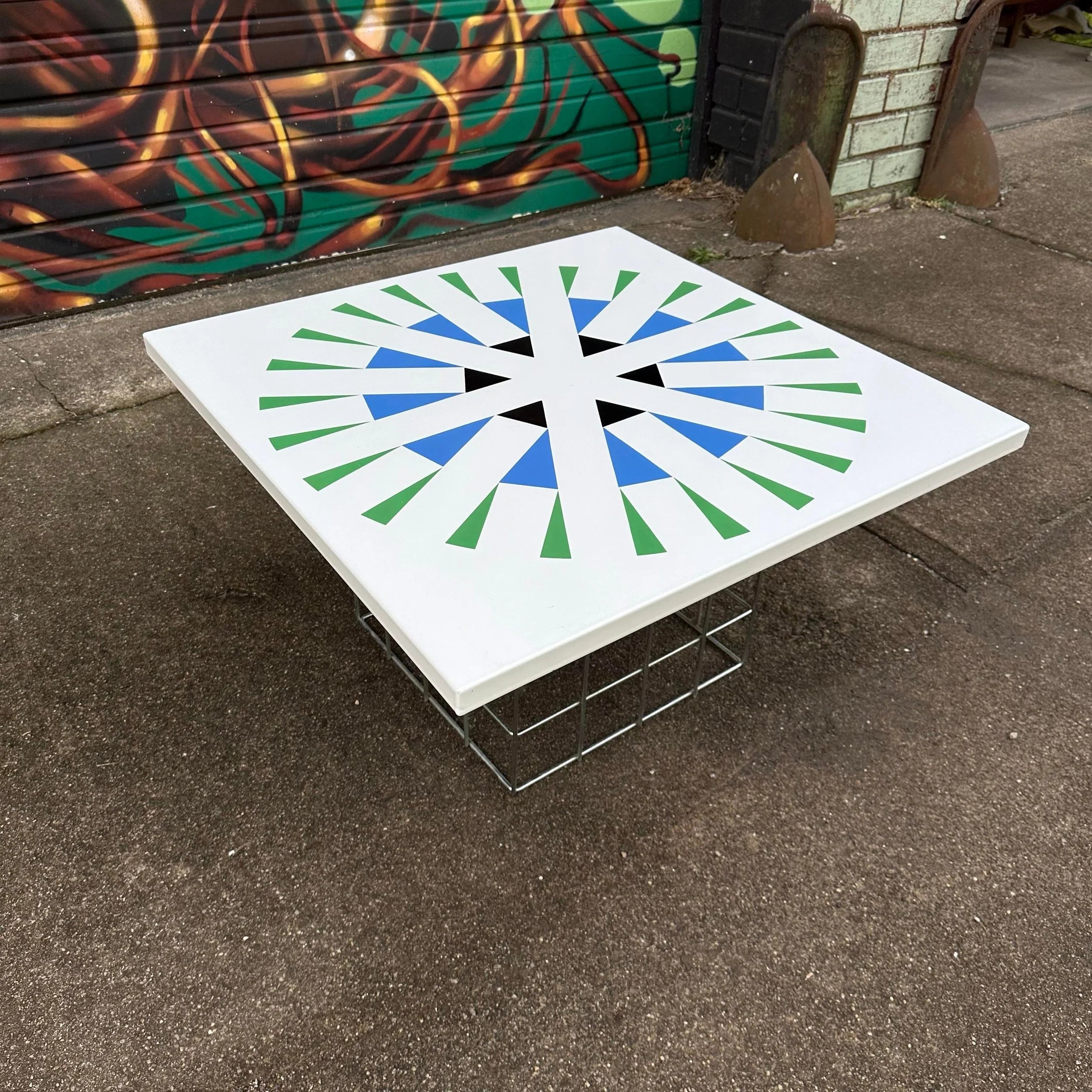 Amazing Geometric Enamel Top With Chrome Wire Bottom Side Table Alexander Girard