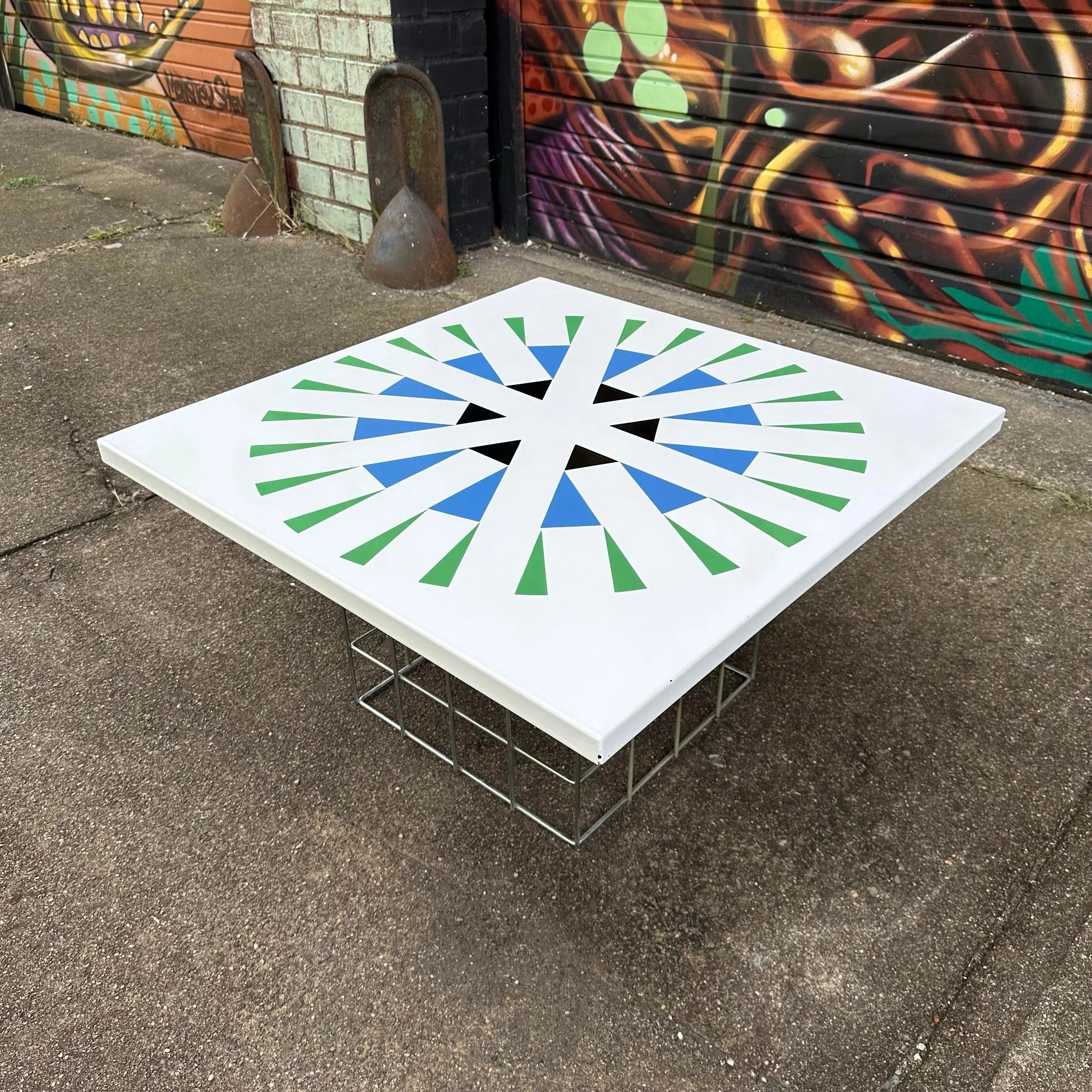 Amazing Geometric Enamel Top With Chrome Wire Bottom Side Table Alexander Girard