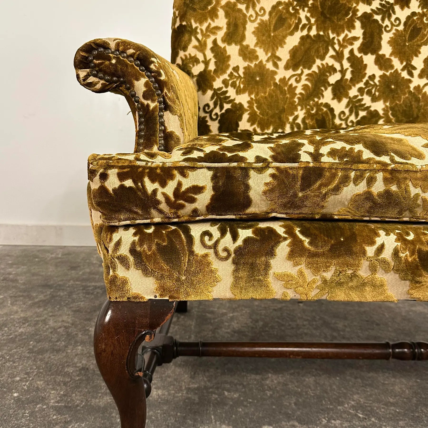 Antique Cut Velvet Queen Anne-Style Floral Settee