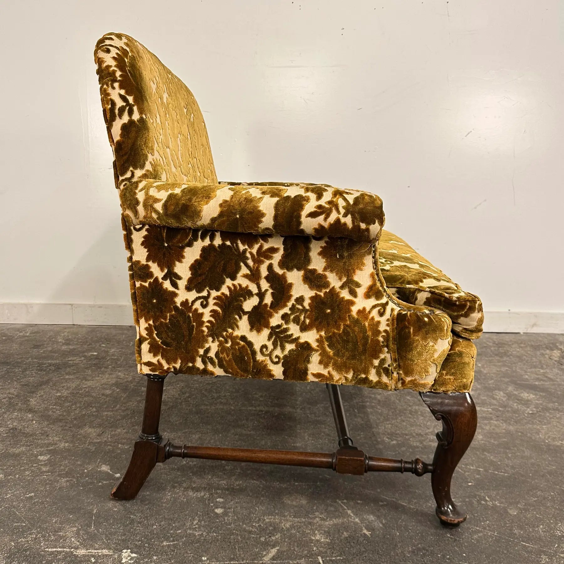 Antique Cut Velvet Queen Anne-Style Floral Settee