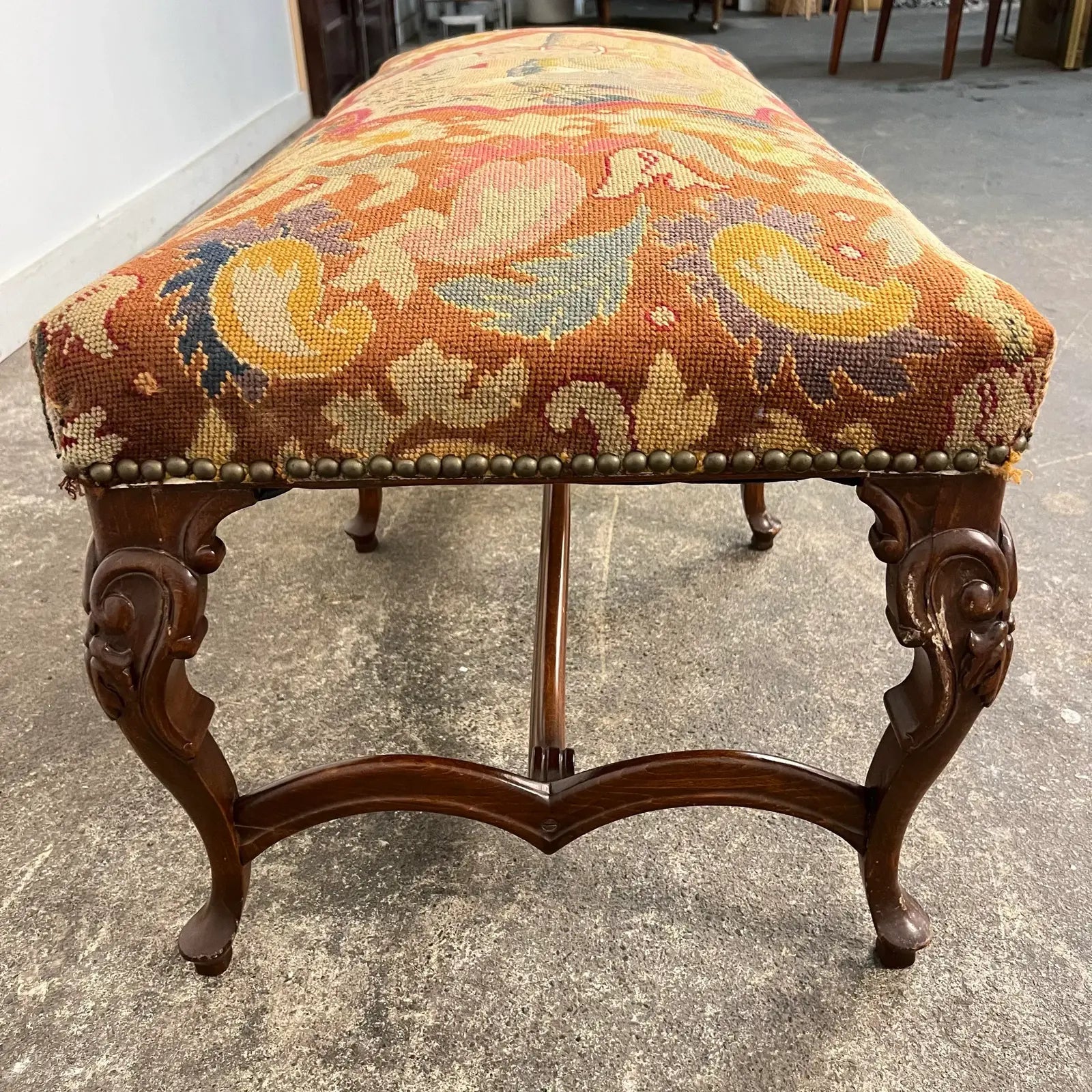 Antique French Style Carved Wood & Needlepoint Tapestry Bench