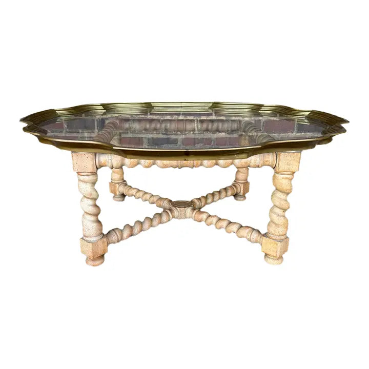 Baker Furniture Brass Glass and Oak Barley Twist Regency Coffee Table