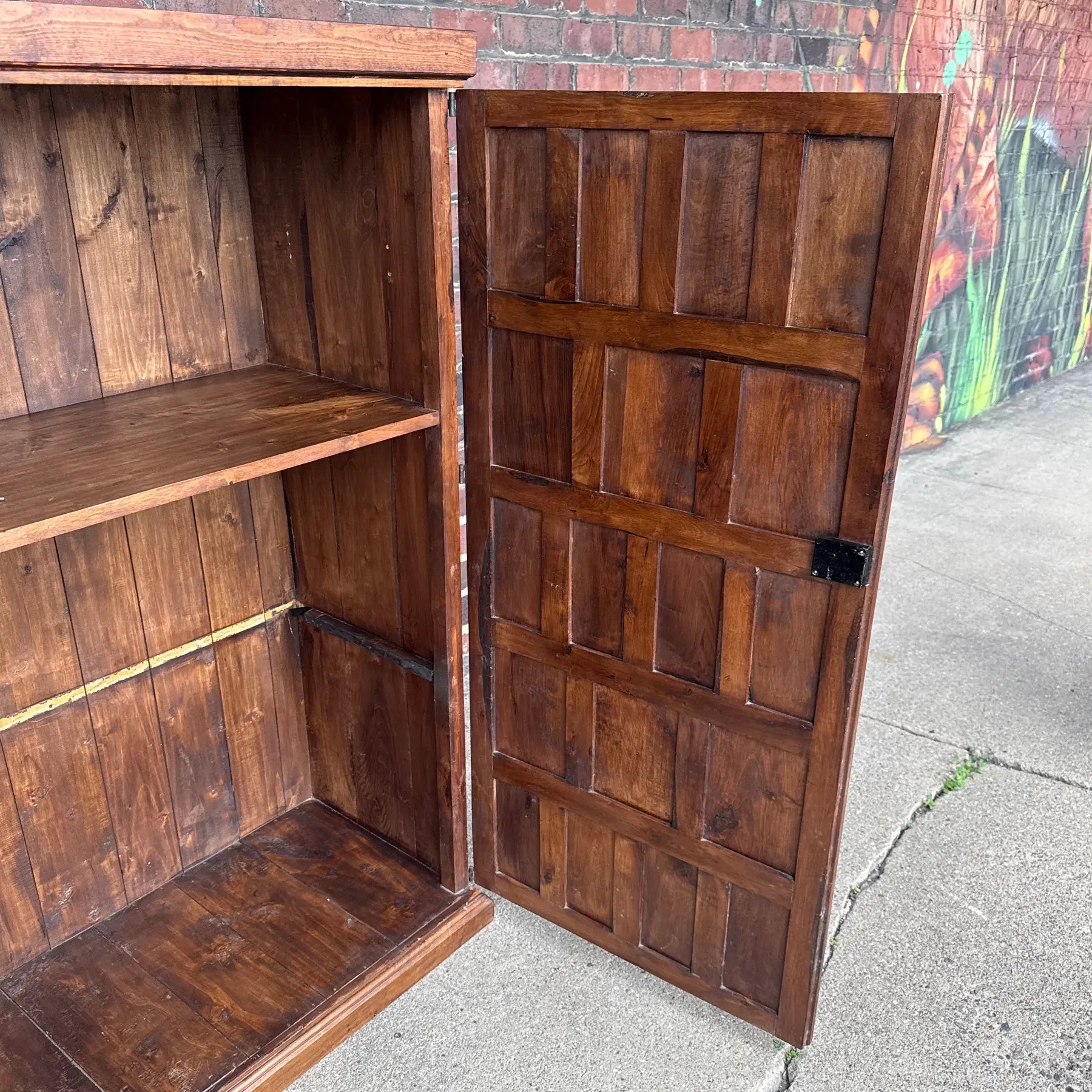 Belgian Brutalist Oak Cabinet W/ Wrought Iron Hinges – Paneled Doors, 62.75”h