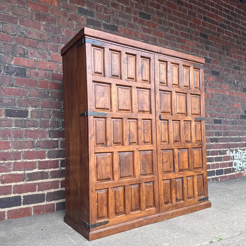 Belgian Brutalist Oak Cabinet W/ Wrought Iron Hinges – Paneled Doors, 62.75”h