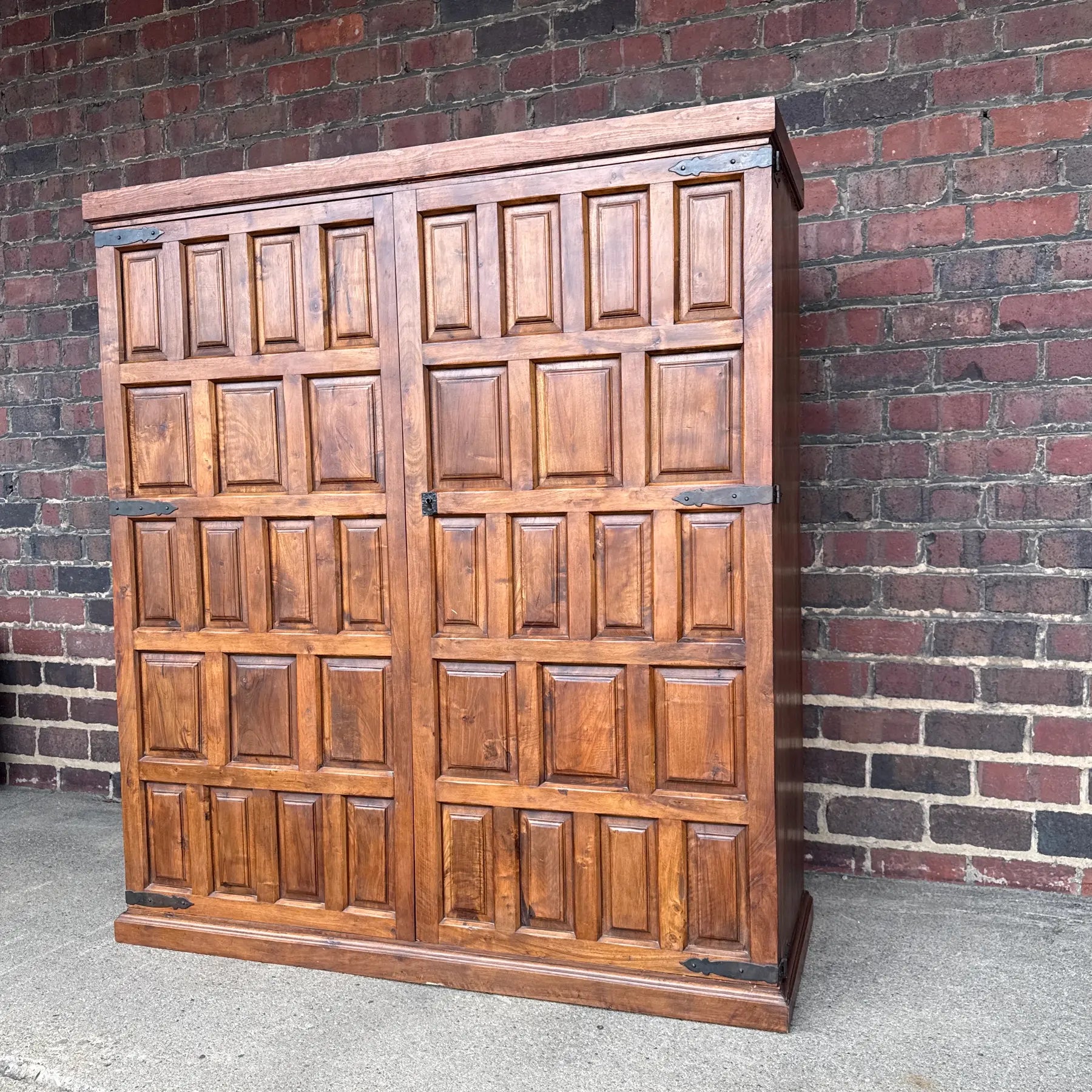 Belgian Brutalist Oak Cabinet W/ Wrought Iron Hinges – Paneled Doors, 62.75”h