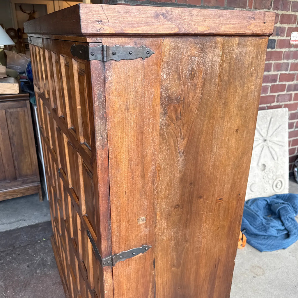 Belgian Brutalist Oak Cabinet W/ Wrought Iron Hinges – Paneled Doors, 62.75”h
