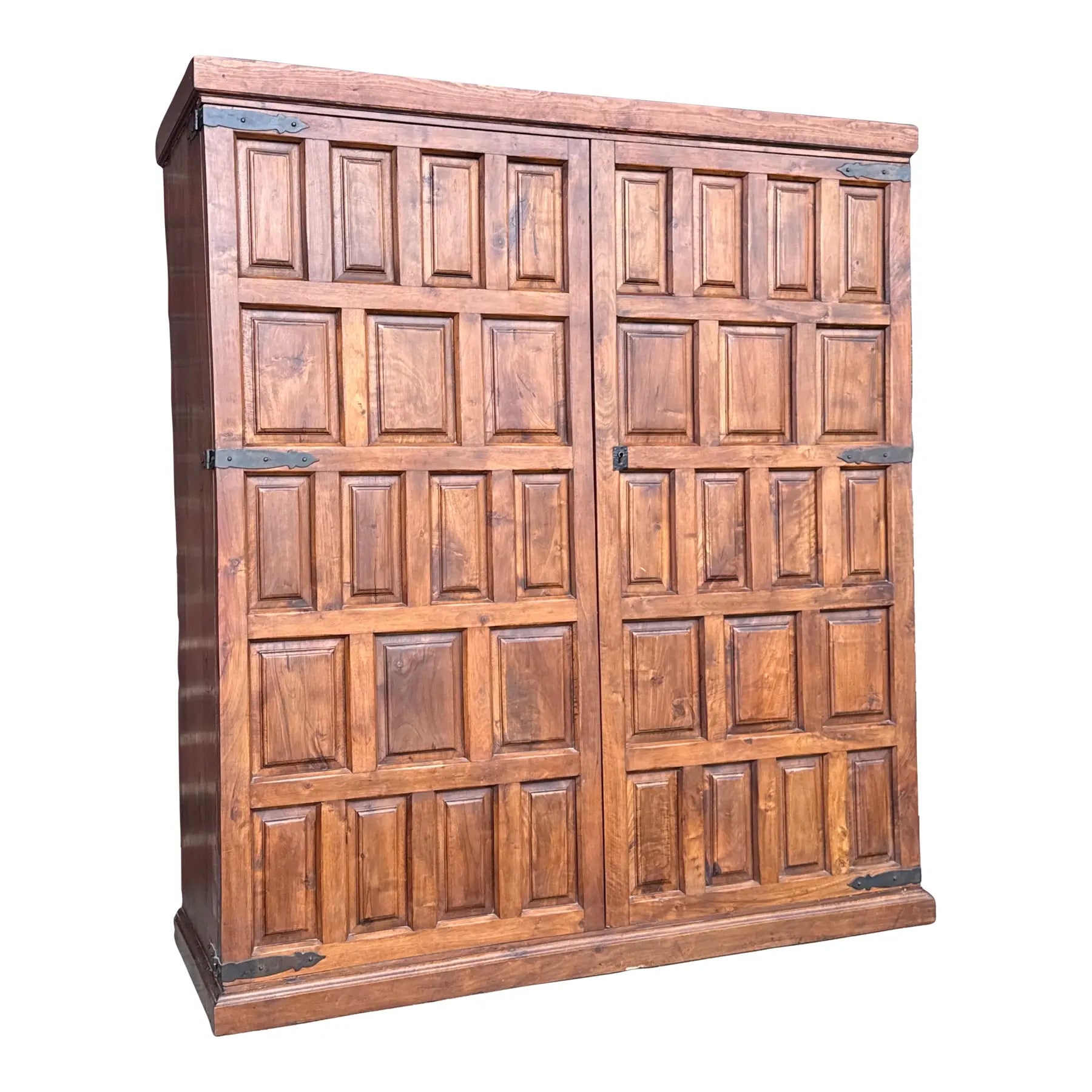 Belgian Brutalist Oak Cabinet W/ Wrought Iron Hinges – Paneled Doors, 62.75”h