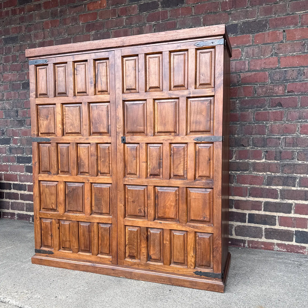 Belgian Brutalist Oak Cabinet W/ Wrought Iron Hinges – Paneled Doors, 62.75”h