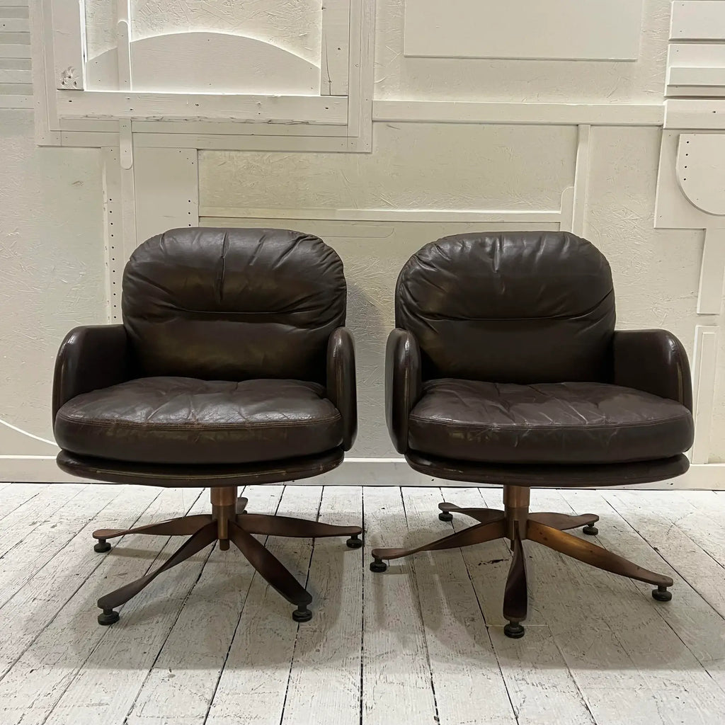 Brown Leather and Brass Propeller Base Arm Chairs by Mueller Furniture