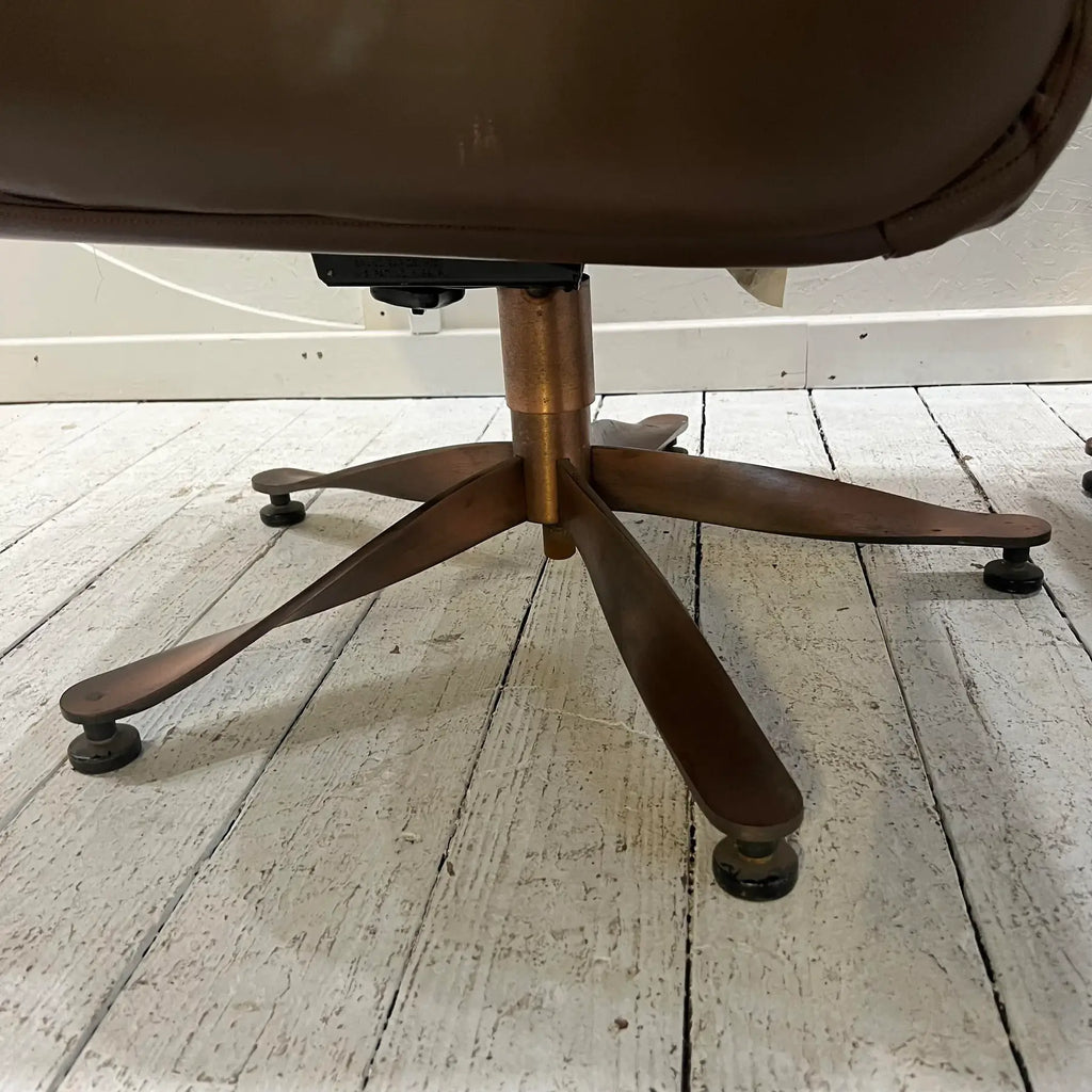 Brown Leather and Brass Propeller Base Arm Chairs by Mueller Furniture