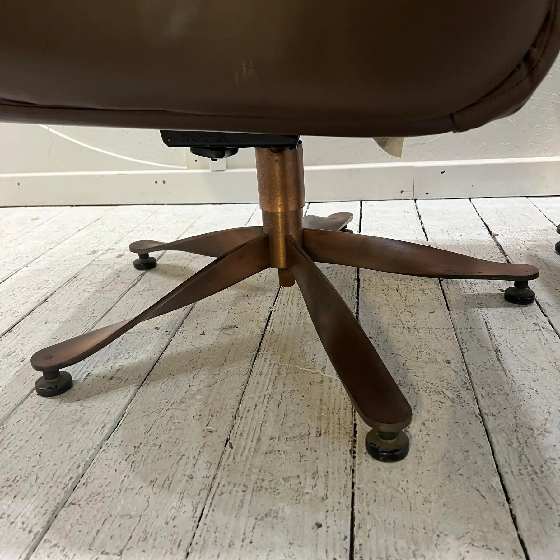 Brown Leather and Brass Propeller Base Arm Chairs by Mueller Furniture