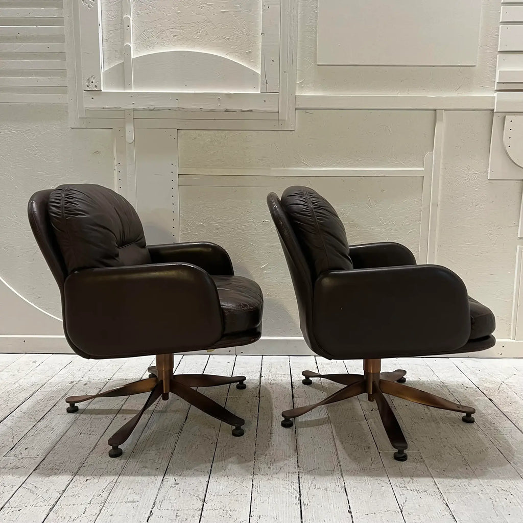Brown Leather and Brass Propeller Base Arm Chairs by Mueller Furniture