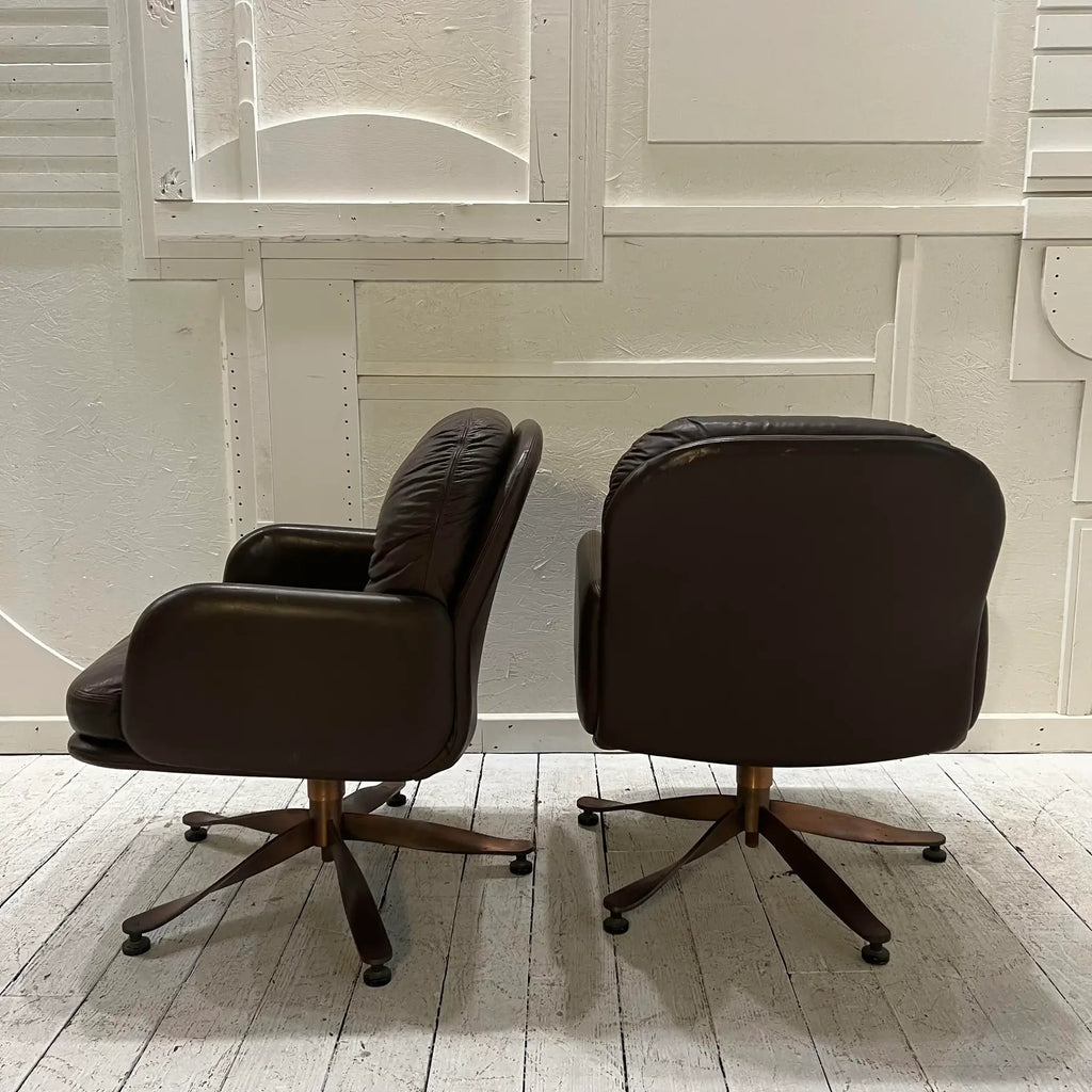 Brown Leather and Brass Propeller Base Arm Chairs by Mueller Furniture