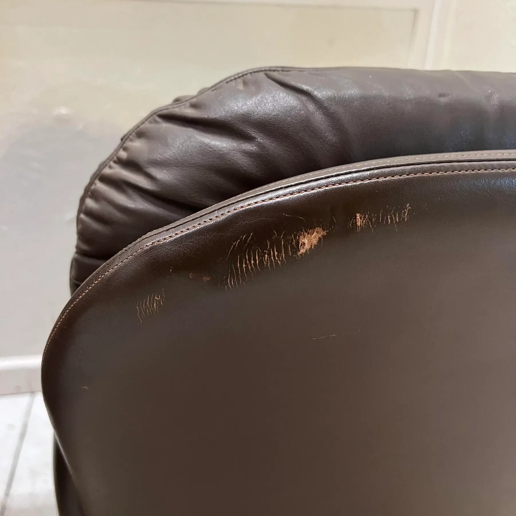 Brown Leather and Brass Propeller Base Arm Chairs by Mueller Furniture