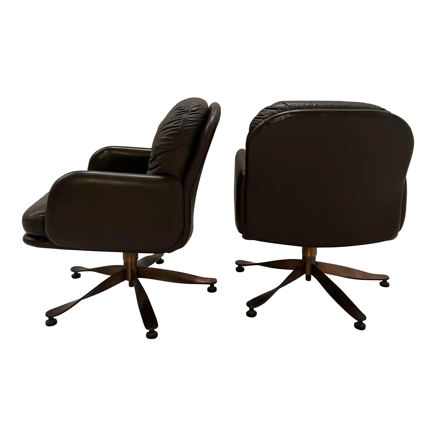Brown Leather and Brass Propeller Base Arm Chairs by Mueller Furniture