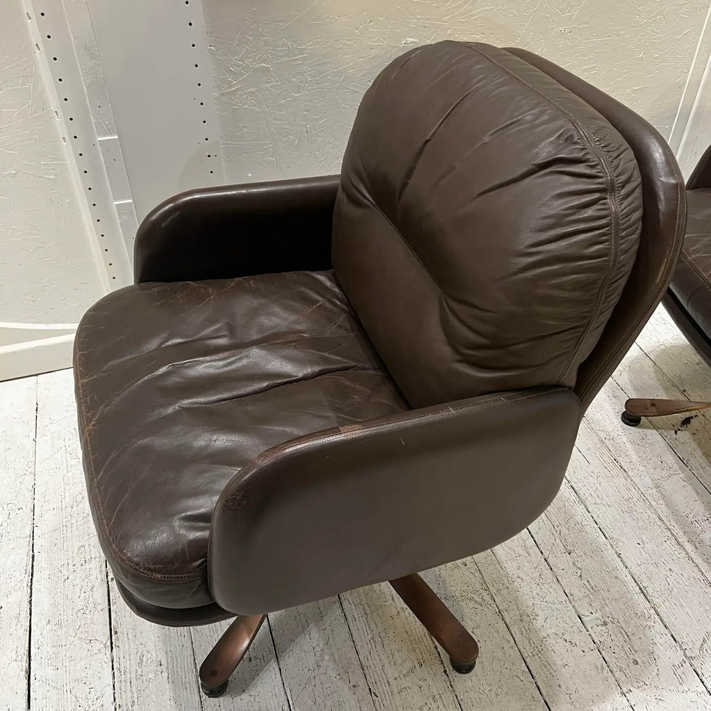 Brown Leather and Brass Propeller Base Arm Chairs by Mueller Furniture