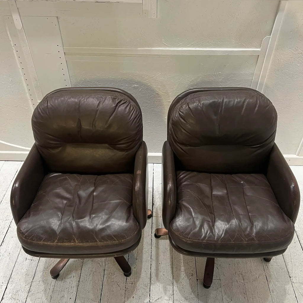 Brown Leather and Brass Propeller Base Arm Chairs by Mueller Furniture