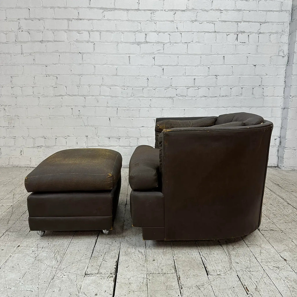 Brown Vinyl Lounge Chair With Ottoman Milo Baughman Style