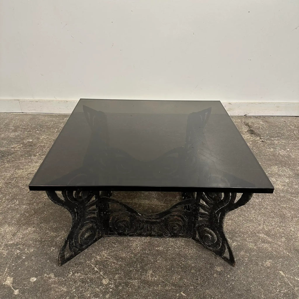 Brutalist Whimsical Torch Cut Side Table Smoked Glass Sculpted Metal