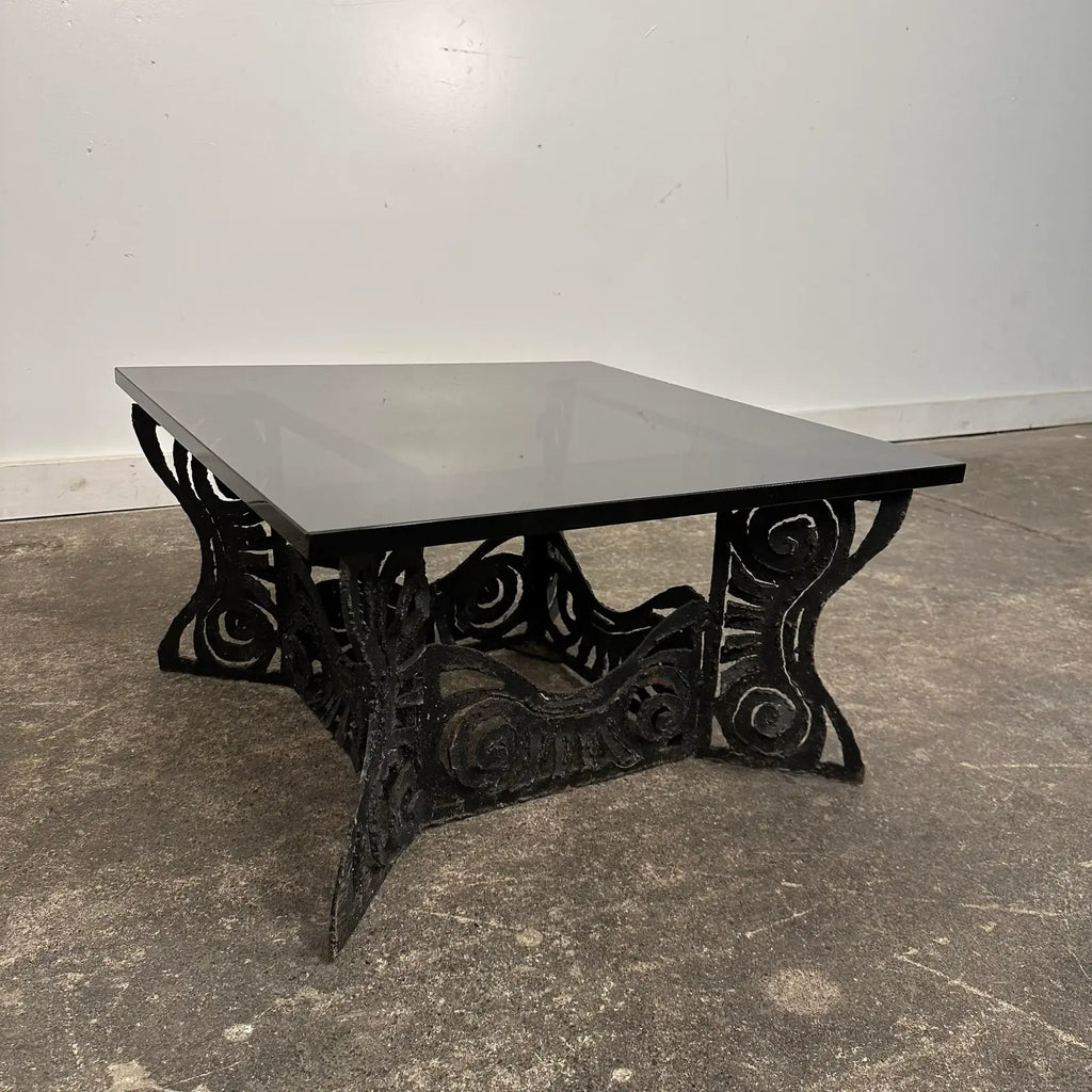 Brutalist Whimsical Torch Cut Side Table Smoked Glass Sculpted Metal