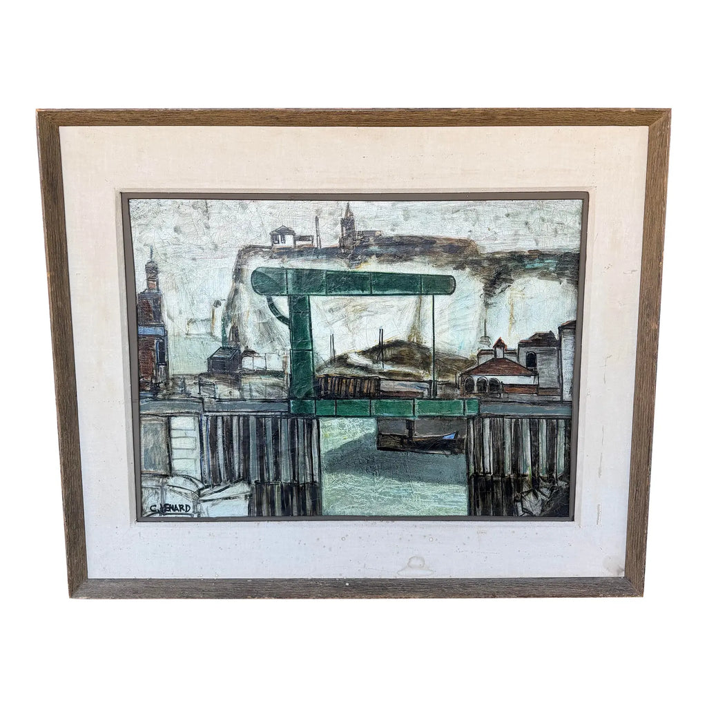 C Venard Oil Painting of Industrial Dock Scene