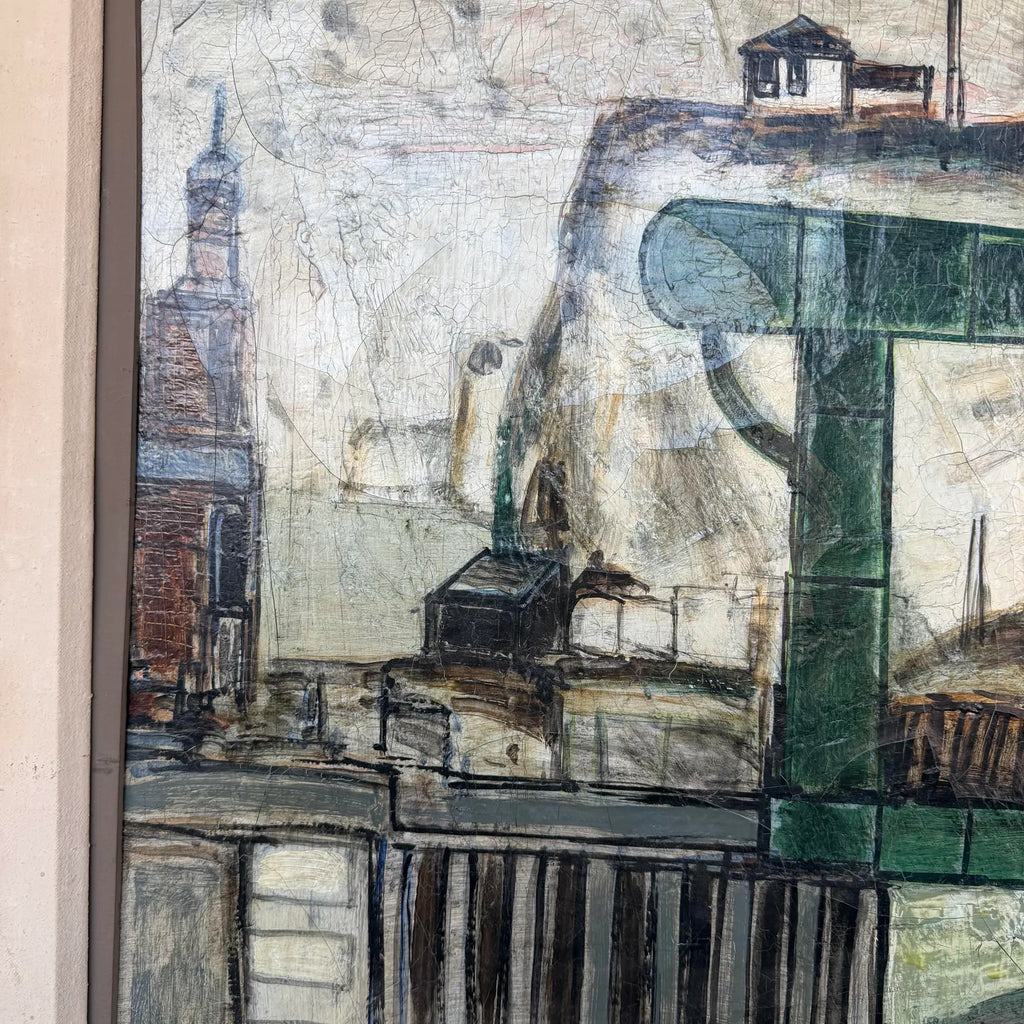 C Venard Oil Painting of Industrial Dock Scene