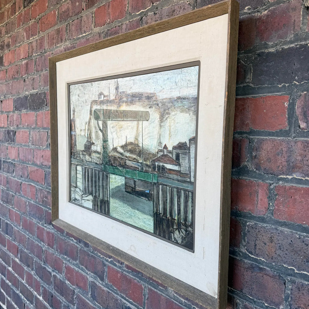 C Venard Oil Painting of Industrial Dock Scene