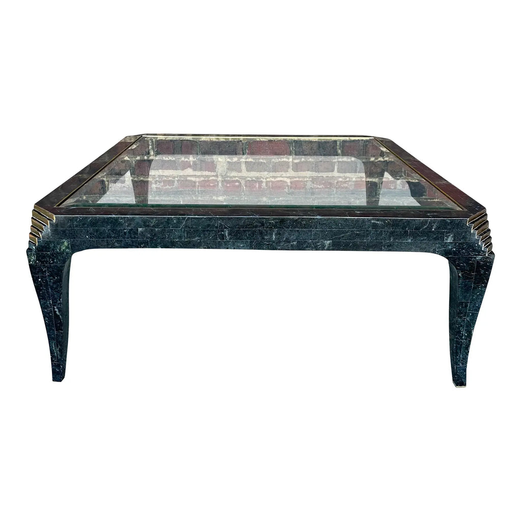 Casa Bique Tessellated Marble Glass and Brass Coffee Table Maitland Smith Style
