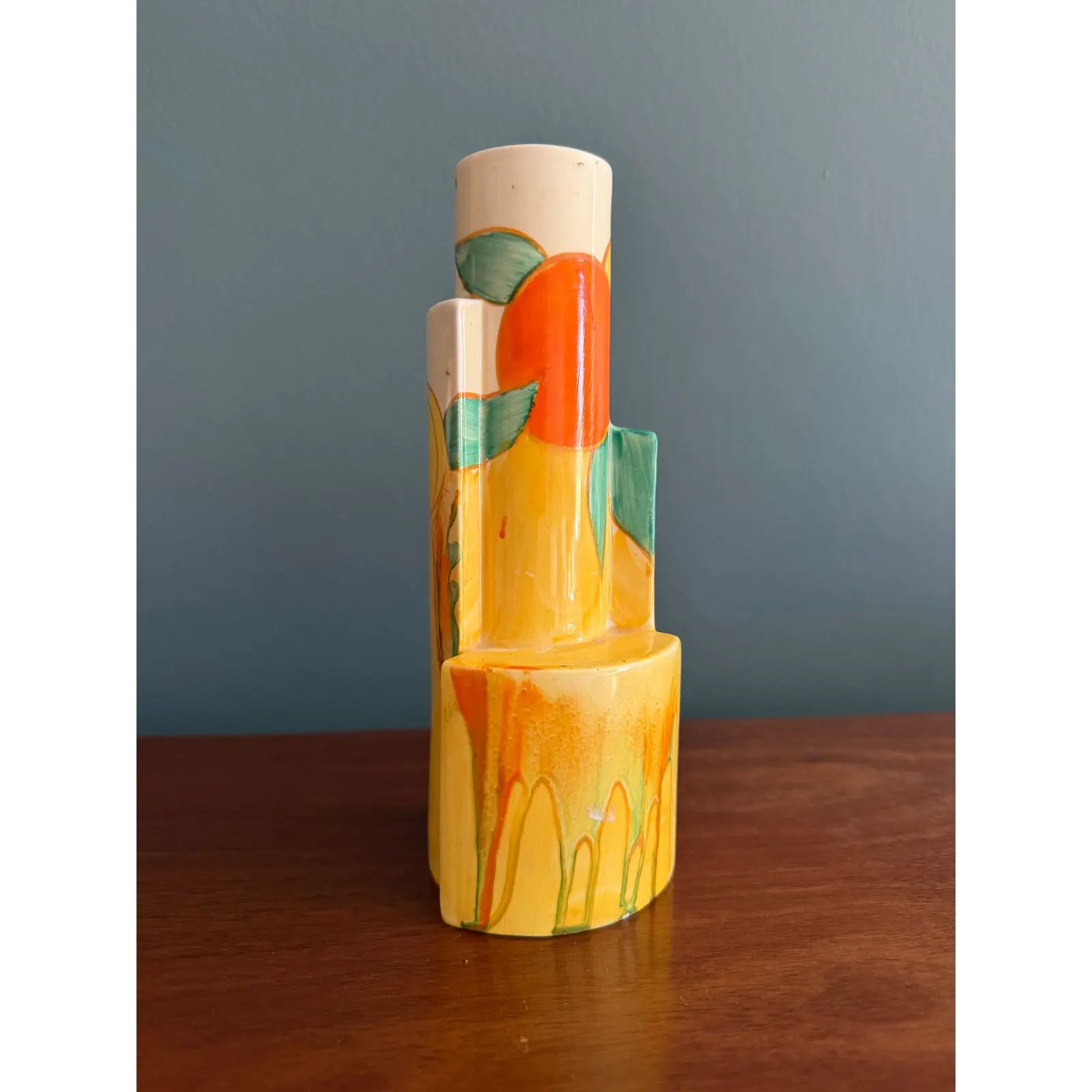 Clarice Cliff Bizarre Tube Vase, in Delicia Citrus Pattern, Printed Bizarre Marks Under