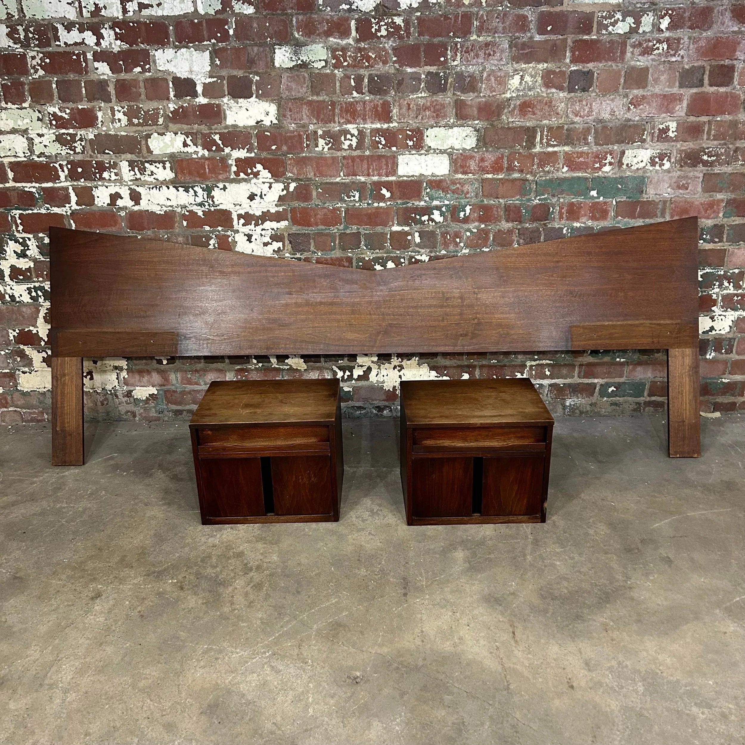Craftsmen Queen Size Headboard With Floating Nightstands Walnut Curved
