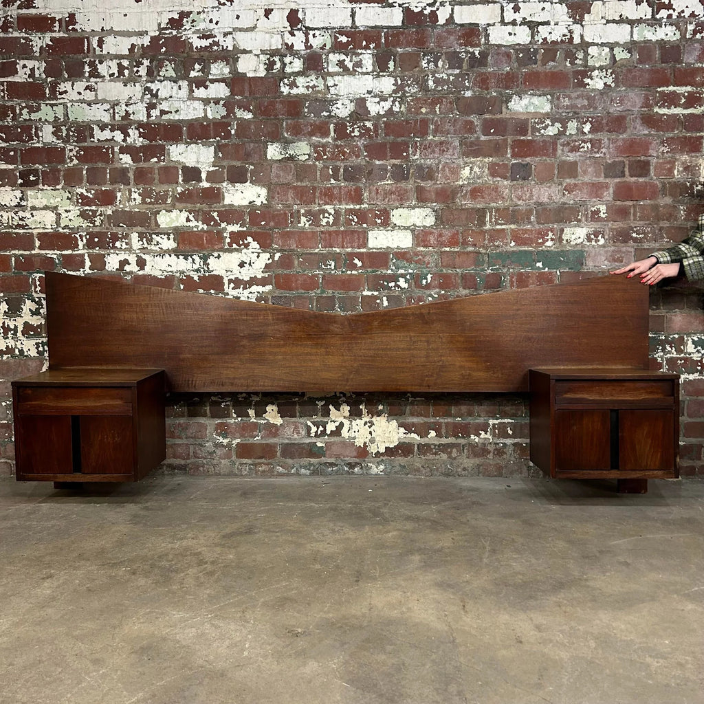 Craftsmen Queen Size Headboard With Floating Nightstands Walnut Curved