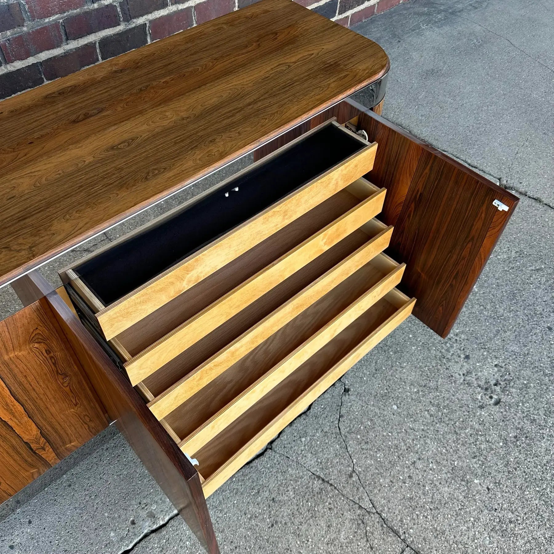Custom Rosewood Credenza Mid Century Modern Chrome Both Sides Finished