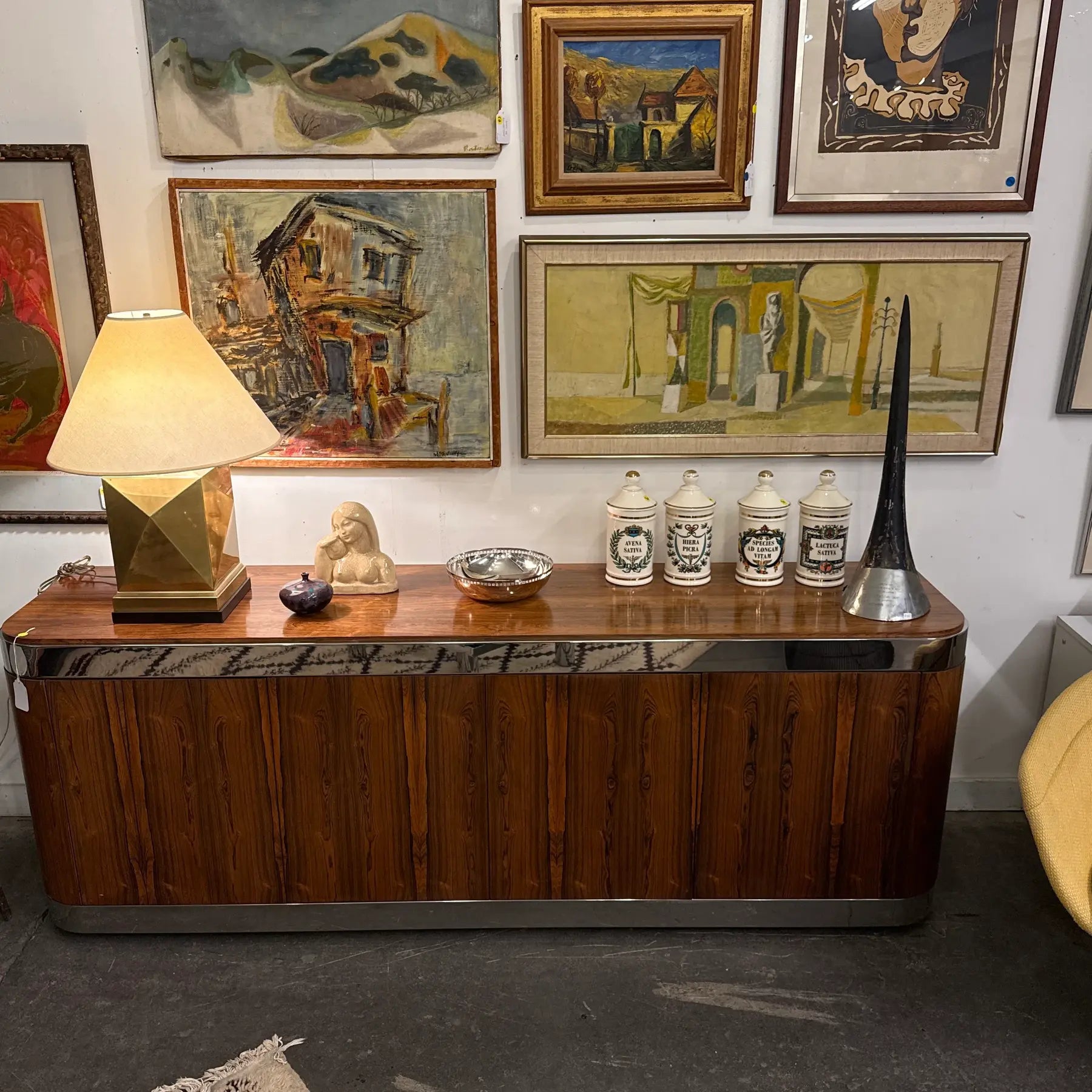 Custom Rosewood Credenza Mid Century Modern Chrome Both Sides Finished