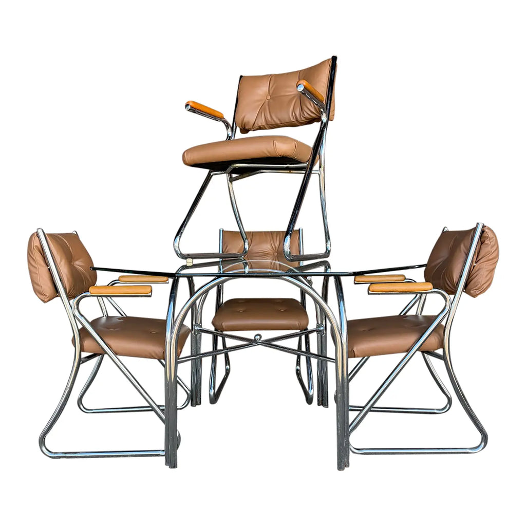 Daystrom Chrome Tubular Octagonal Glass Dining Table With 4 Chairs With Wooden Arm Rests