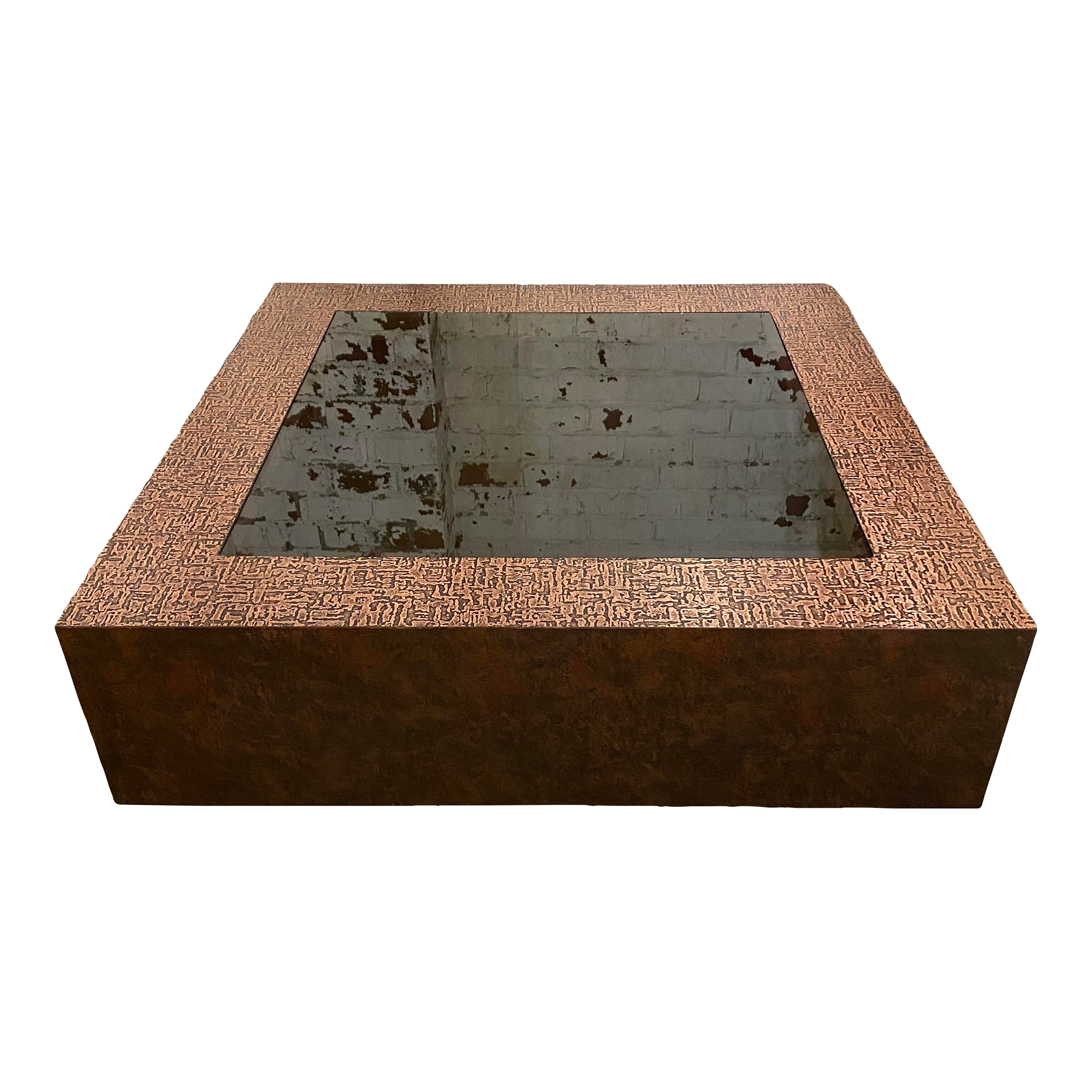 Faux Hammered Copper Coffee Table With Faux Leather Wrapped Sides