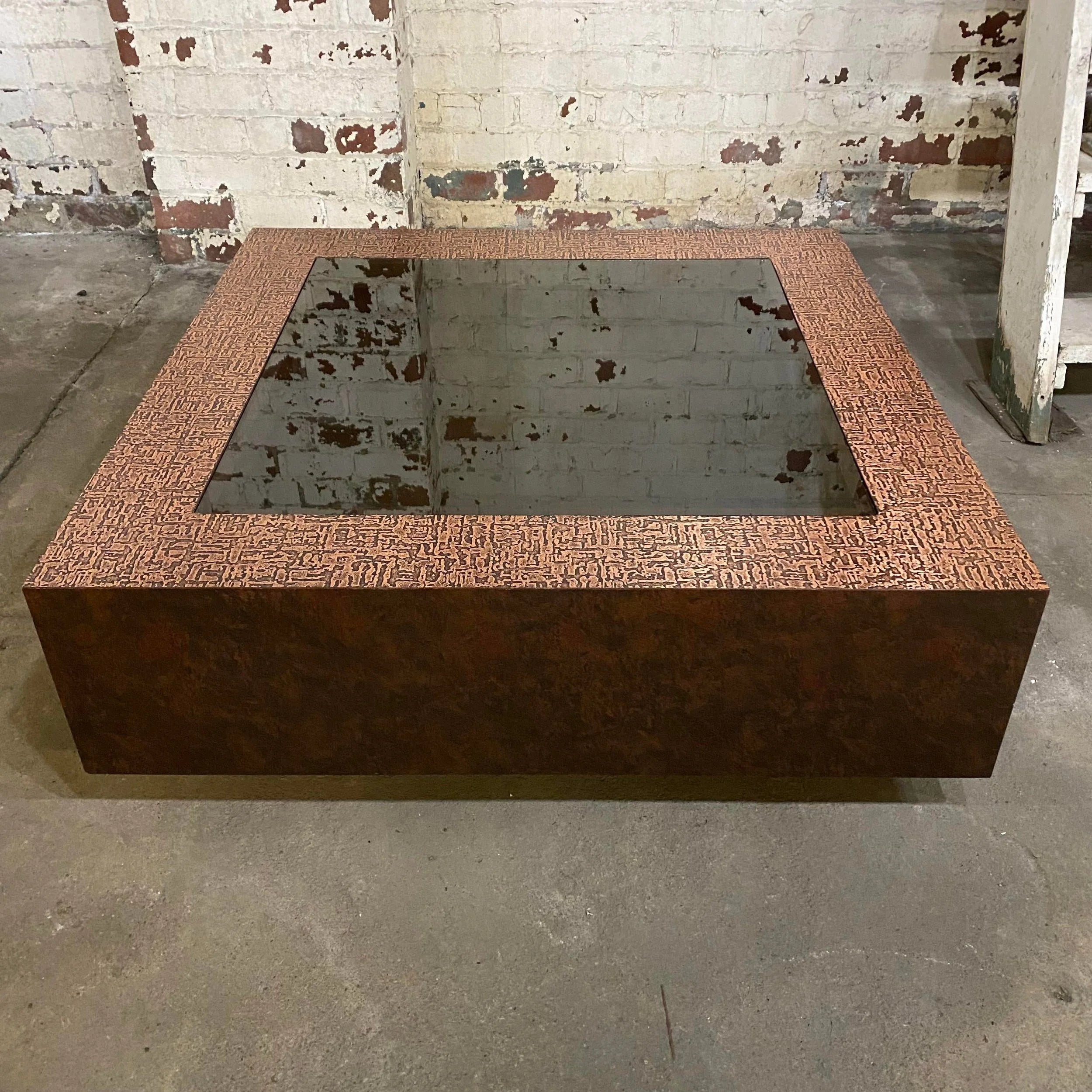 Faux Hammered Copper Coffee Table With Faux Leather Wrapped Sides