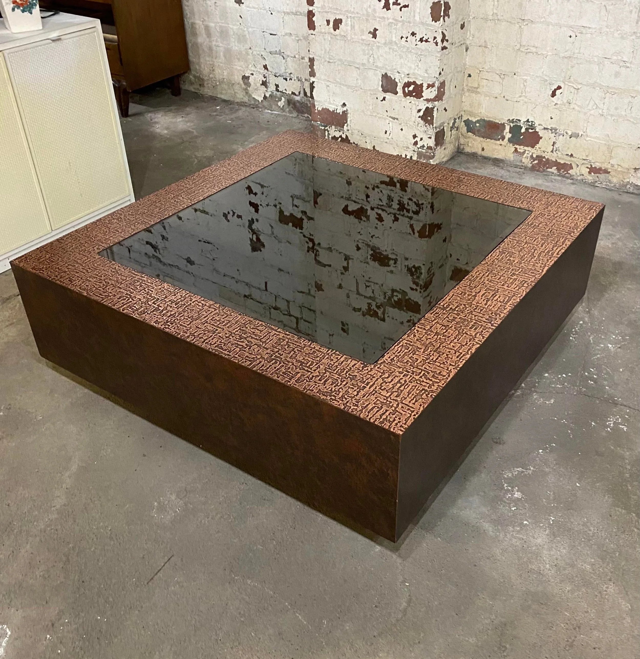 Faux Hammered Copper Coffee Table With Faux Leather Wrapped Sides
