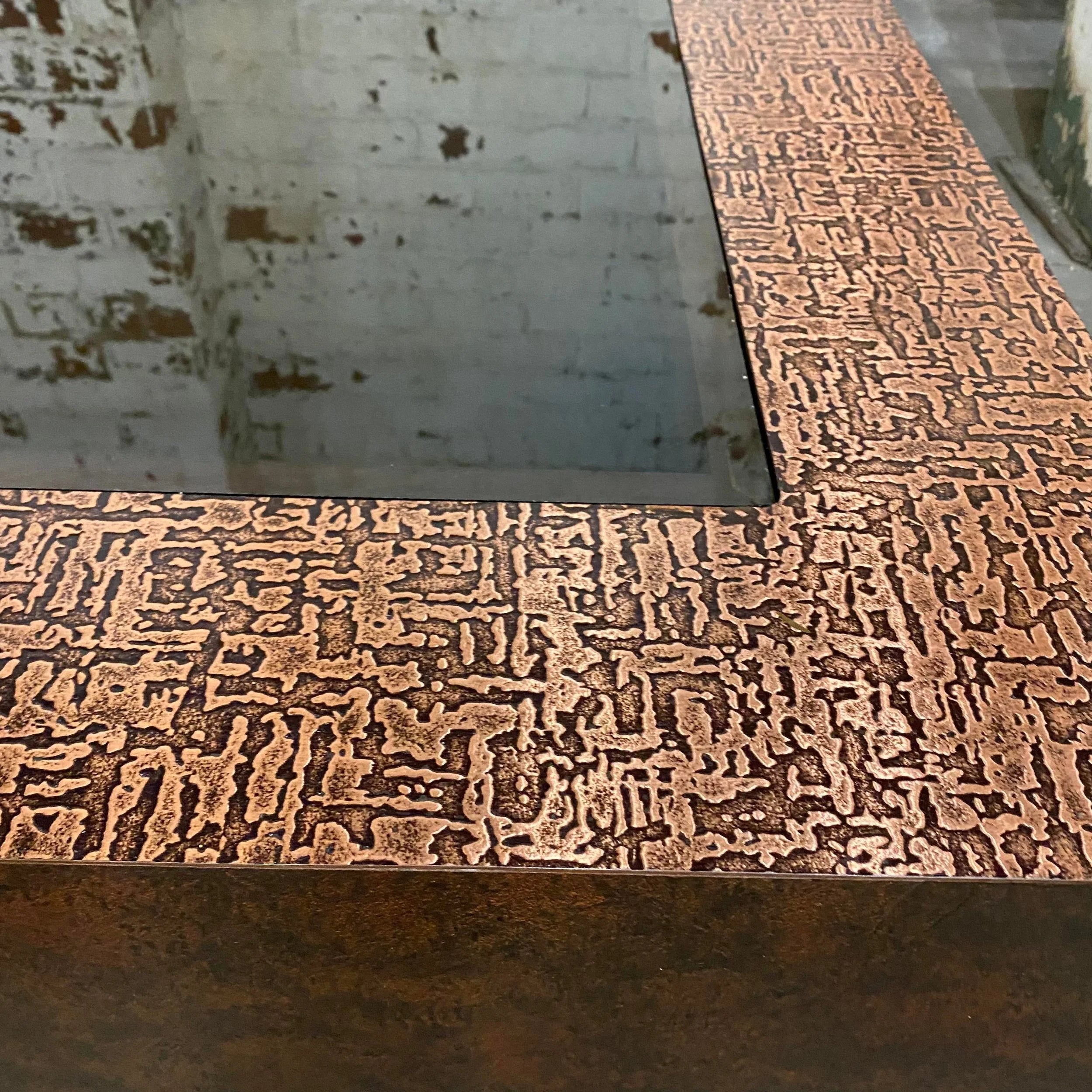 Faux Hammered Copper Coffee Table With Faux Leather Wrapped Sides
