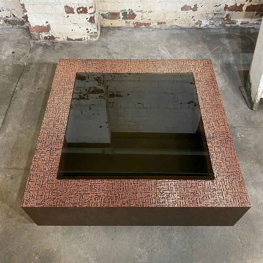 Faux Hammered Copper Coffee Table With Faux Leather Wrapped Sides