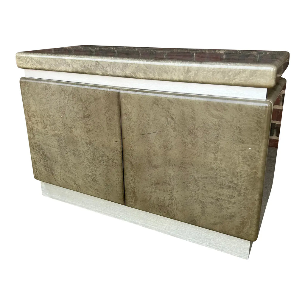 Faux Marble and Brushed Stainless Small Credenza Server Cabinet Post Modern 1980’s Karl Springer Style
