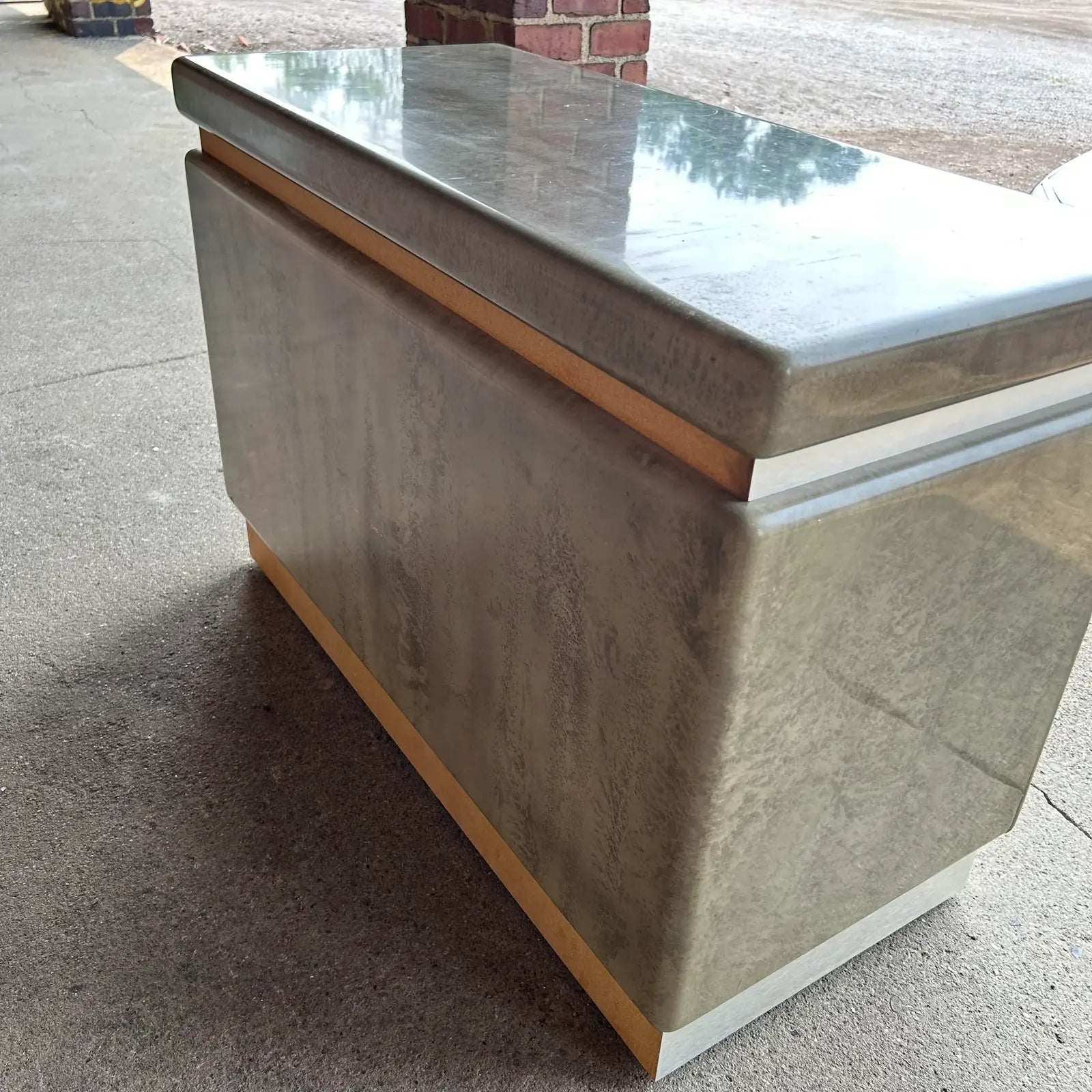 Faux Marble and Brushed Stainless Small Credenza Server Cabinet Post Modern 1980’s Karl Springer Style
