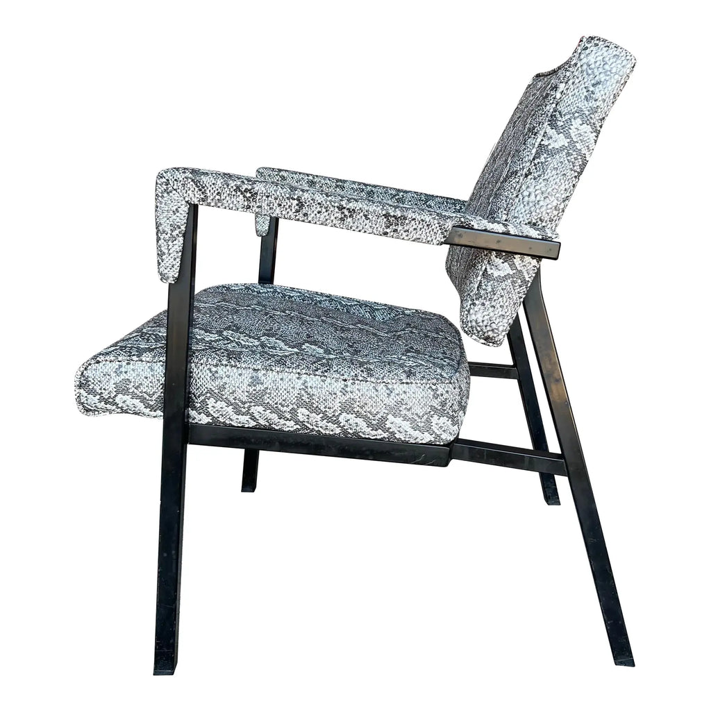 Faux Snake Skin and Metal Armchair by All-Steel Reupholstered Restored