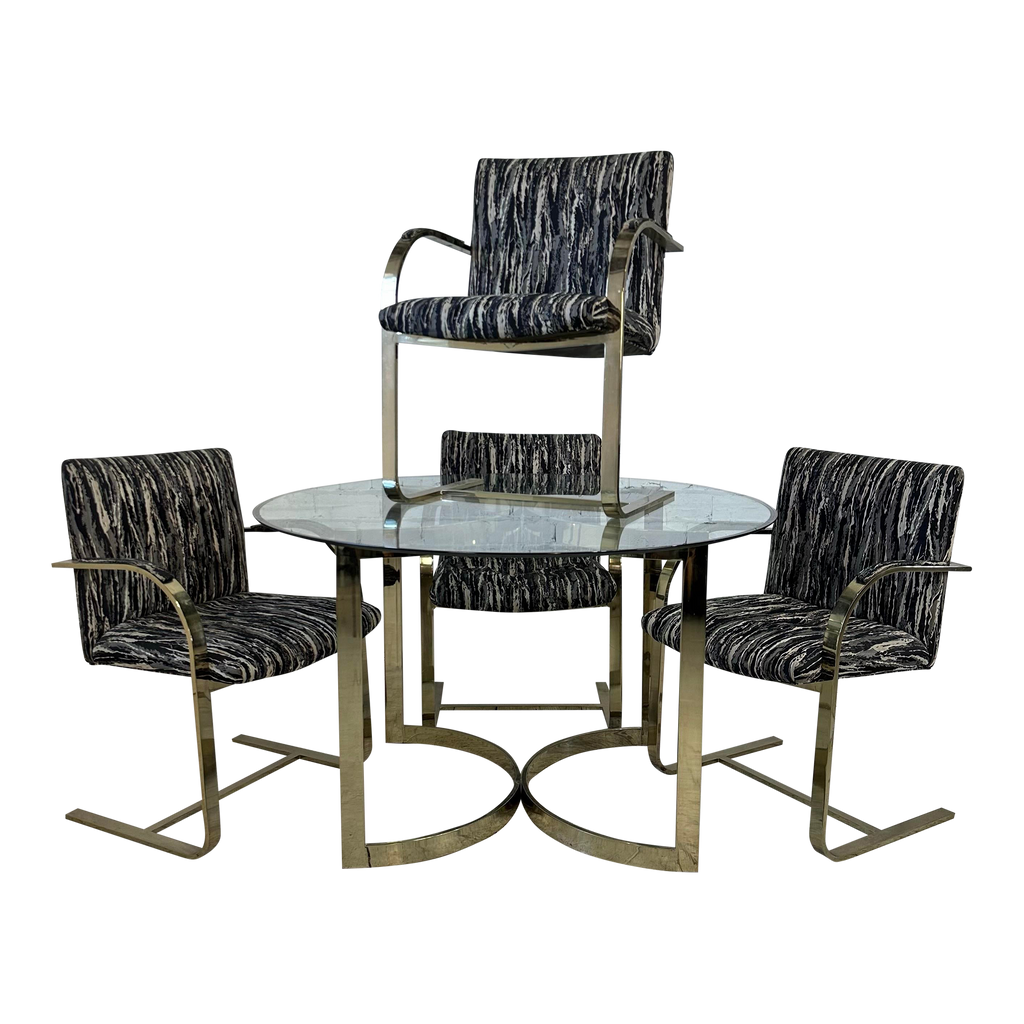 Glass and Brass Dining Set With Four Chairs Knoll Style Flat Bar Milo Baughman